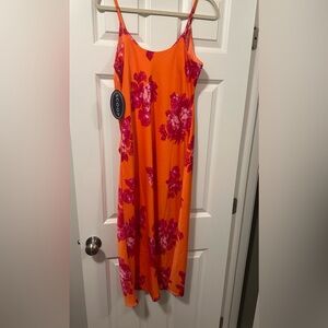 Scoop Bright Orange Midi Dress with Pink Floral Print
